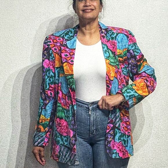 Silk Club Jackets & Blazers - Silk Club Pink Abstract Oversized Silk Vintage Blazer Sz S NWT